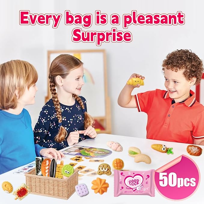 50 Pack Mini Food Blind Bags for Kids - Small Dollhouse Accessories & Party Favors Set with Tiny Resin Food Toys, Perfect for Pretend Cooking Games, Miniature Kitchen Play & Collecting