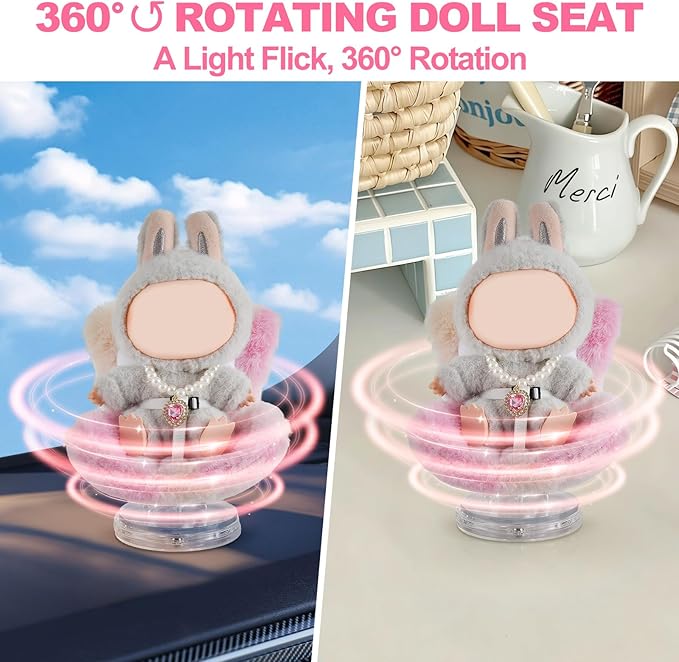 Cute Doll Car Seat for Labubu, Premium Car Seat Accessories for 4-7in Dolls, 360° Rotation, Including Air Vent Clip, Desktop Stand, Adjustable Strap, Airflow-Friendly Design(Colorful Pink)