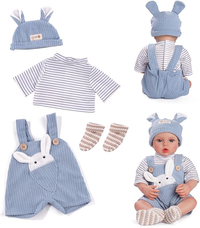 BABESIDE 4-Piece Baby Doll Clothes for 15-18 Inch Dolls, Doll Outfit Accessories with Bunny Pattern fit Baby Dolls, Easter Pretend Play Accessories Gift for Boys & Girls,Blue