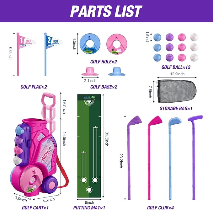 Toddler Golf Set 2-4 Years, Upgraded Kids Plastic Golf Clubs with 12 Balls, Putting Mat, Shoulder Strap, Indoor Outdoor Game Sport Toys Gift for Baby Boys Girls Aged 3-5, Pink