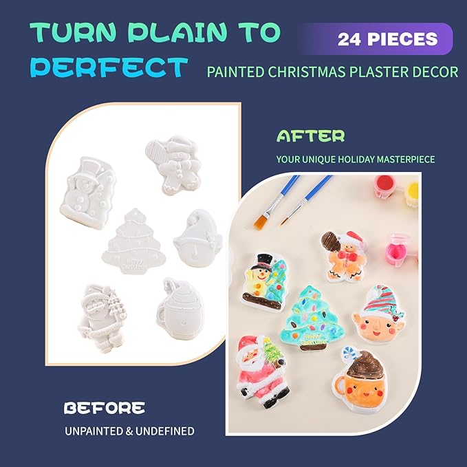 GloomGlo 24pcs Christmas Plaster Painting Kit for Kids – Non-Toxic DIY Ceramic Ornament Craft Set with Snowman/Gingerbread Man Christmas Tree Decorations(Christmas 1)