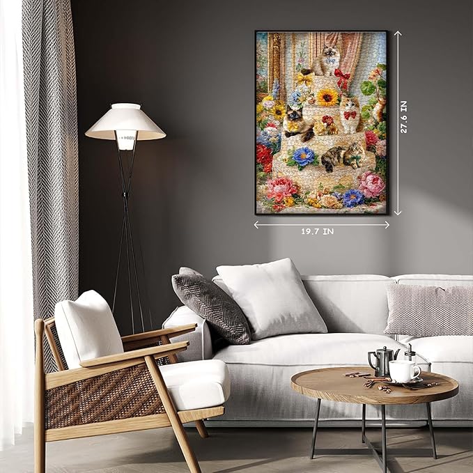 PICKFORU Cat Puzzles for Adults 1000 Pieces, Flower Kitty Jigsaw Puzzle Food Cake, Cute Animal Kitten Floral Challenge Puzzle