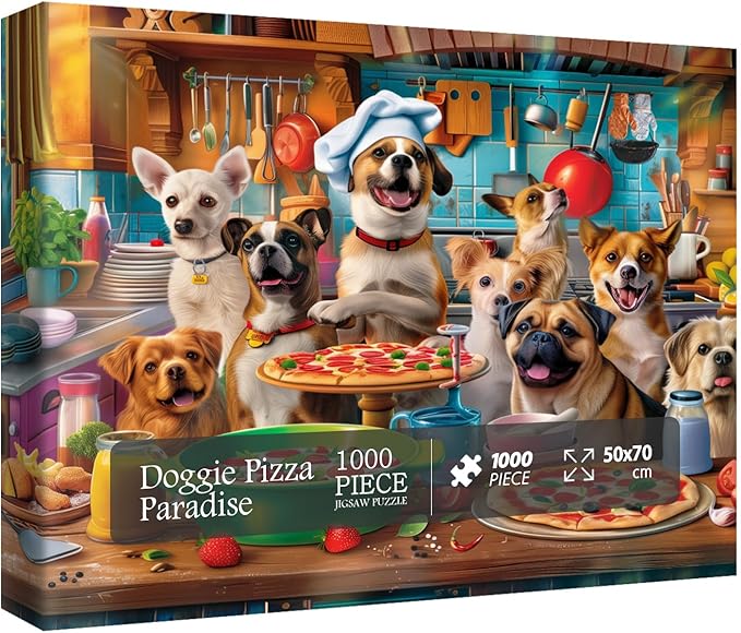 Dog Puppy Pizza Puzzles for Adults 1000 Pieces, Food Kitchen Jigsaw Puzzle, Animals Funny Puzzles