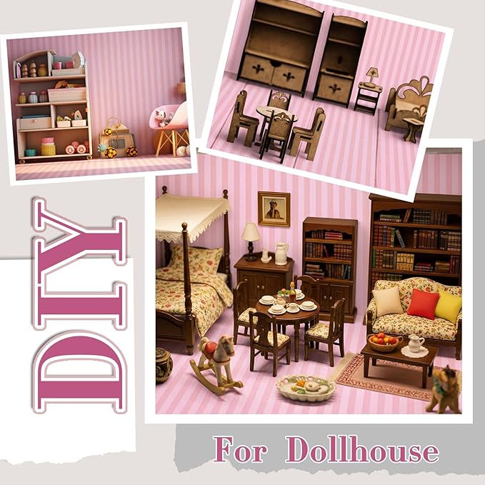 Flutesan 12 Pcs Miniature Dollhouse Wallpaper and Flooring Peel and Stick Mini DIY Self Adhesive Dollhouse Accessories 8.27 x 11.69 Inch (Pink Stripes)