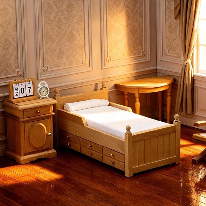 Dollhouse Miniature Bed with Drawer 1:12 Wooden Furniture European Bedroom Bedding Furniture Accessories with Pillow & Mattresses Vintage Floral Fabric Mini House Decoration (Woody)