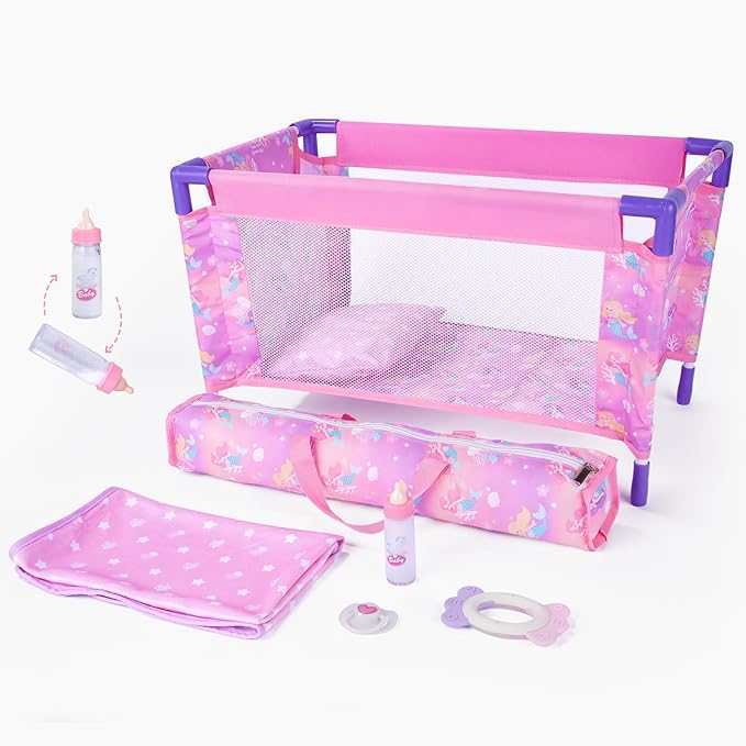 BABESIDE Baby Doll Crib Playset with Bedding & Accessories, Portable Baby Doll Crib for 18 Inch Dolls, Pretend Play Gift for Girls