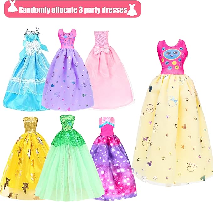 48 pcs Doll Clothes and Accessories, 2 Long Princess Dress, 2 Long Party Dresses, 2 Short Dresses, 2 Tops, 2 Pants, 5 Slip Skirts, 2 Bikinis and 31pcs Doll Accessories for 11.5 inch Dolls (No Doll)