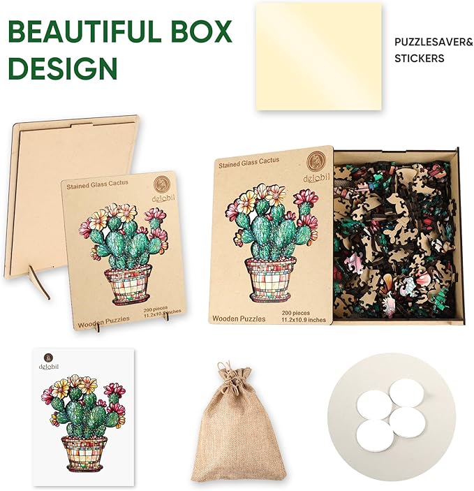 Delobil Stained Glass Cactus Wooden Puzzles for Adults, 200 Pieces Jigsaw Puzzles, Unique Shaped Medium Size Wood Puzzle Gift for Adults and Kids, Family Game 11.3'' x 13.2''