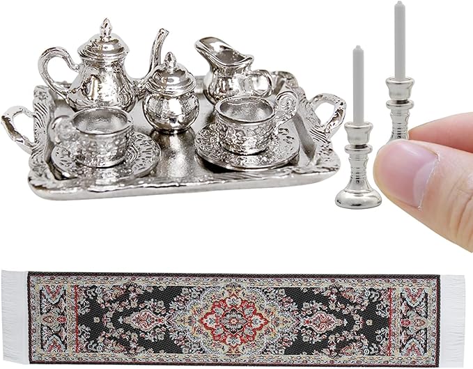 iLAND Miniature Tea Set 1/12 Scale Accessories Metal Tea Set Mini Cups Teapots Trays Plate w/Candle Holder & Table Runner fits Vintage Dollhouse Furniture Miniature Dollhouse Accessories Shining