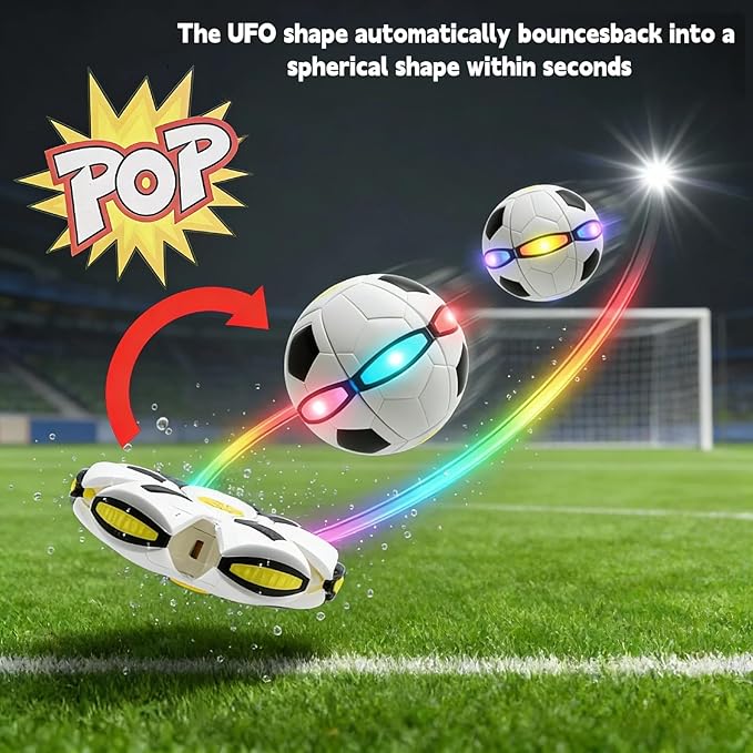 Magic Ball - 2-in-1 Shape-Shifting Magic Bouncing Ball with 6 LED Lights, Flying Saucer Disc, Impact-Activated Light Up Toys for Indoor & Outdoor Play, Frisbees for Kids (Soccer Pattern)