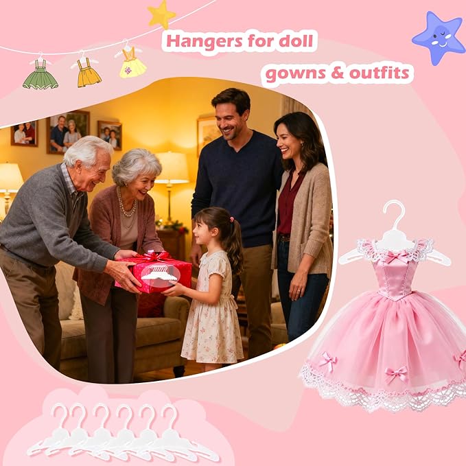 24 Pcs Doll Clothes Hangers for 18-Inch Dolls - Non-Slip, Space-Saving Wardrobe Accessories for Doll Gowns & Outfits (White&Pink)