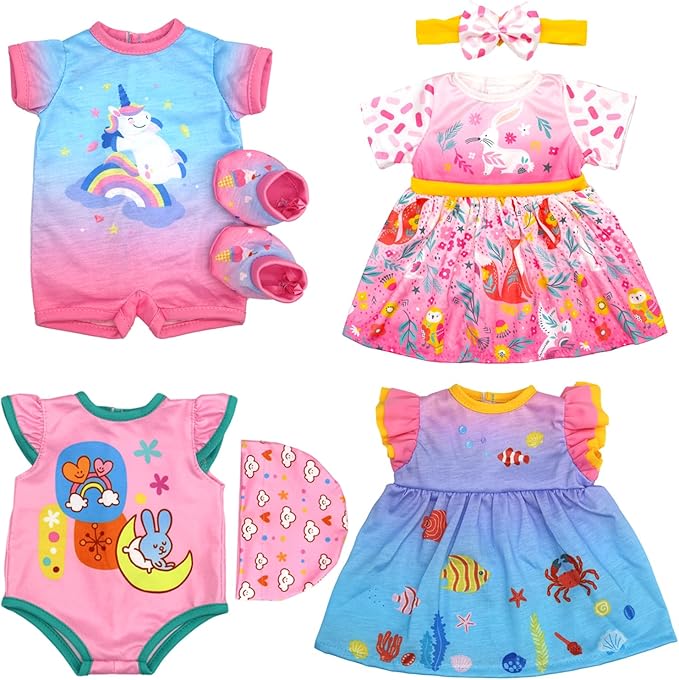 ECORELF 4 Set Doll Clothes, Baby Doll Clothes for 14 -16 Inch, 18 Inch Girl Doll Clothes Outfits and Accessories 7 Pcs Include Jumpsuit, Dresses, Headbands, Hats, Shoes (No Dolls)