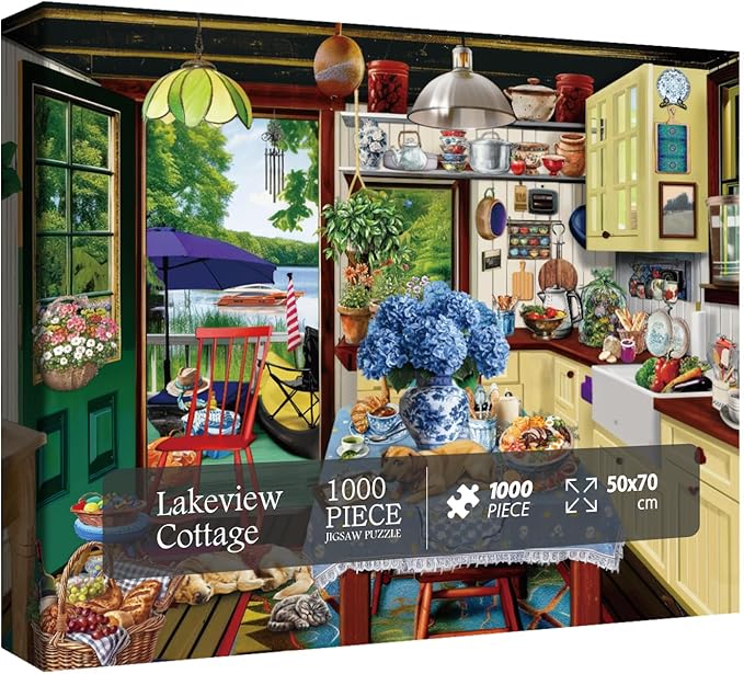 Cozy Lake Cottage Puzzle 1000 Pieces for Adults, Vintage Kitchen Cabin Jigasw Puzzles Scenic, Food Flower Plant Puzzle as Home Decor
