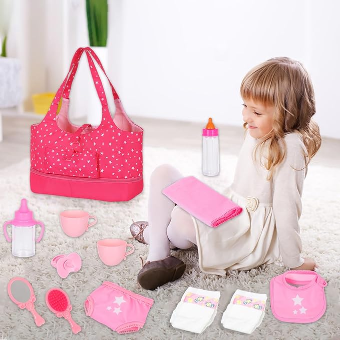 ECORELF Baby Doll Accessorie, 13 Pcs Doll Stuff Acessories Storage Diaper Bag Set for 14-18 Inch Dolls, Feeding and Caring Set Includes Diaper, Bottle etc Suitable Pretend Play