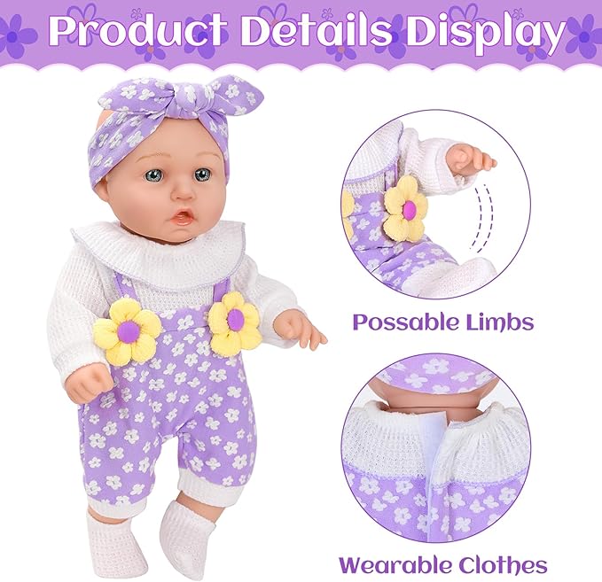 12" Flower Pattern Baby Doll With Backpack Carrier Can Store Clothes and Accessories,12 Inch Baby Dolls Set In Gift Box With Hanky Pacifier Bottle Pretend Baby Care Toy For Girl Child Toddler 3+ Gifts