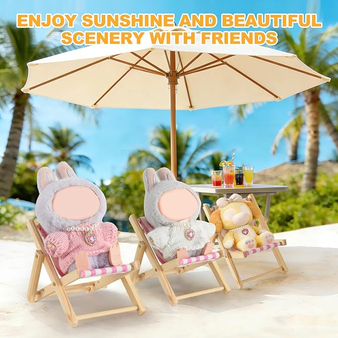 Cute Doll Car Seat for Labubu, Premium Foldable Beach Lounger for 4-7in Dolls, Beautiful Doll Display Accessories, Portable Phone Holder & Stand(Pink-White Striped Design)