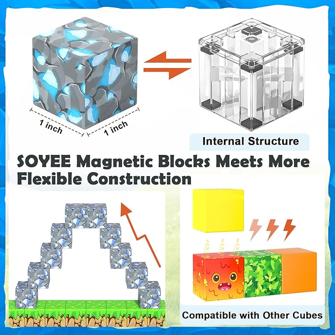 Soyee Magnetic Blocks - Build Mine Magnet World Forest Mine Set Magnet Building Blocks Kids Toys for 3+ Year Old Boys & Girls 1'' Magnetic Cubes STEM Sensory Building Toys Kids Game Xmas Gifts