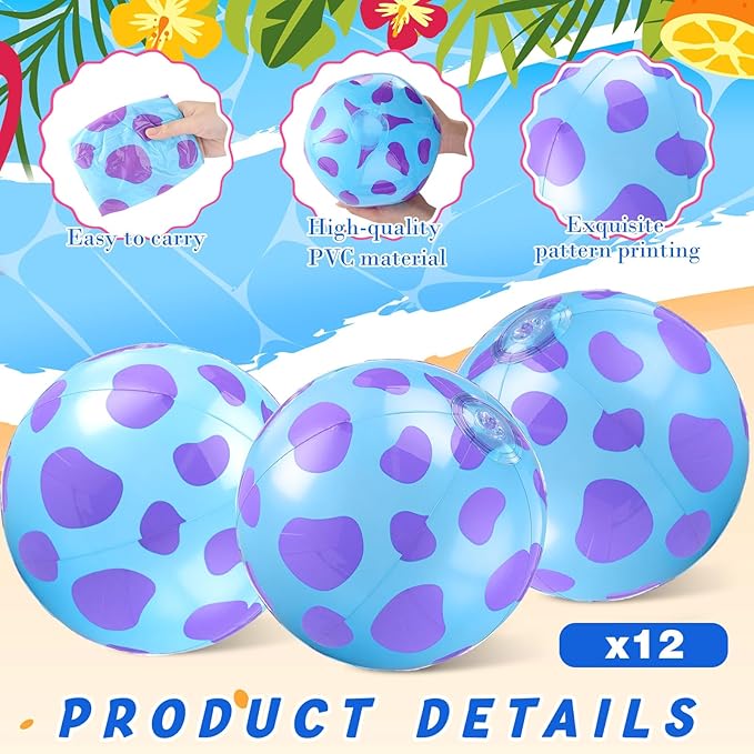 12 Pack Monster Cartoon Themed Beach Ball 7.87" Bulk for Summer Pool and Beach Game Gifts Blue Birthday Party Supplies Decorations Favor