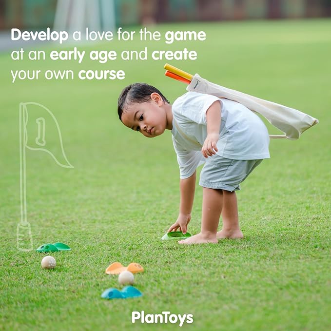 PlanToys® Mini Golf Set for Kids | Eco-Friendly Wooden Golf Game with 2 Putters, 2 Golf Balls, 3 Obstacles, Target Goal & Travel Bag | Perfect for Indoor & Outdoor Play