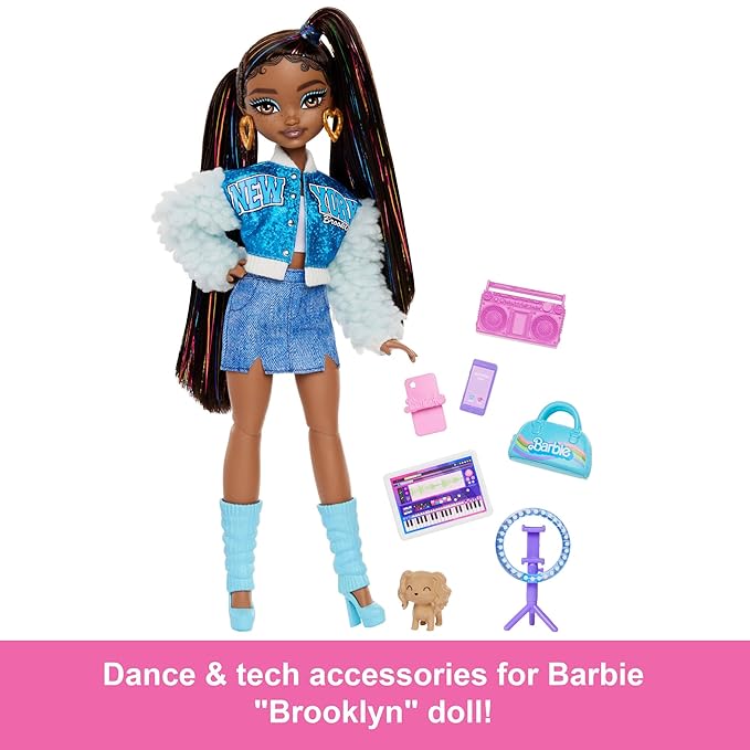 Barbie Dream Besties Playset, Brooklyn” Posable Fashion Doll with Long Black Hair, 9 Music-Themed Accessories