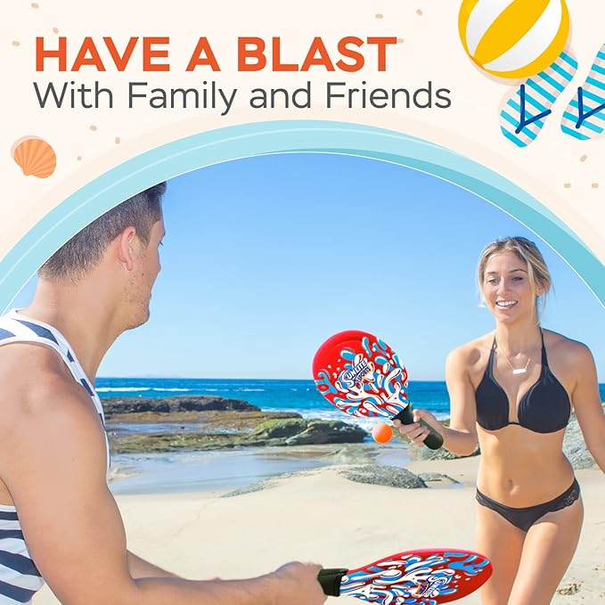 Sunlite Sports Beach Paddle Game Set, 2 Paddles and 2 Balls, Perfect for Backyard Fun or Outdoor or Beach or Lawn, Red
