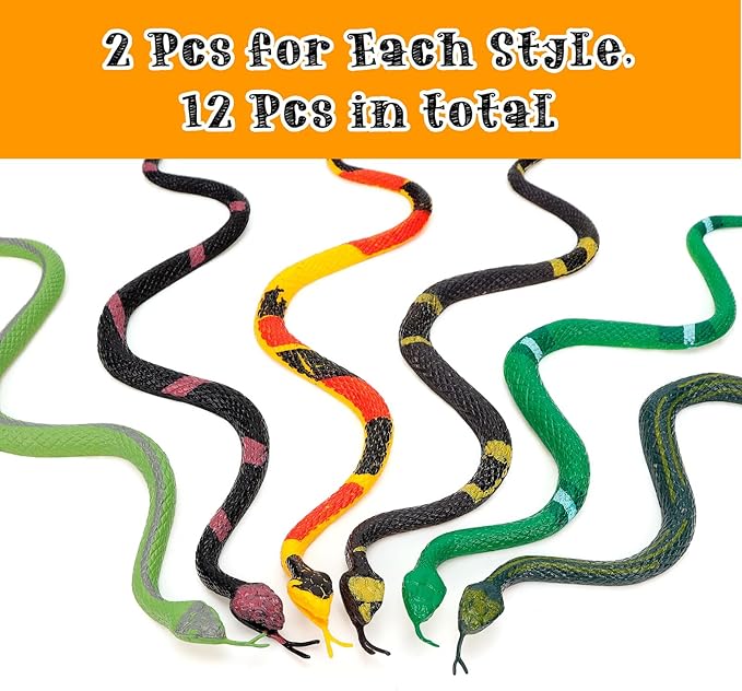 12 Pcs Colorful Realistic Snakes Rubber Mini Plastic Snakes Prank Snake for Party, Tricking People, Garden Props Decorations, 11in