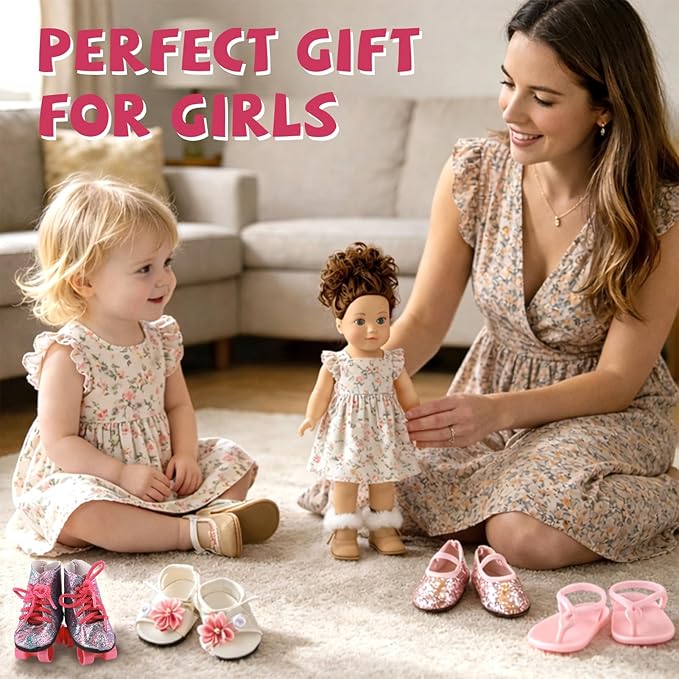 18 inch Doll Accessories, 5 Pairs of Doll Shoes+2 Socks 18” Doll Shoes Includes Snow Boots/Roller Skates/Sandals/Flip-Flops/Dance Shoes/Pink/Black Socks for American Doll Boy or Girl Dolls