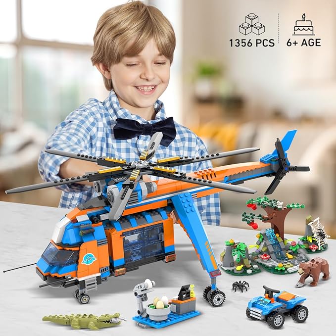 City Jungle Adventurer Helicopter Building Toys - 1356PCS Forest Truck Adventure Building Set with Car Crocodile Brown Bear Wildlife Rescue Blocks Playset Easter Gift for Kids Boys 6+