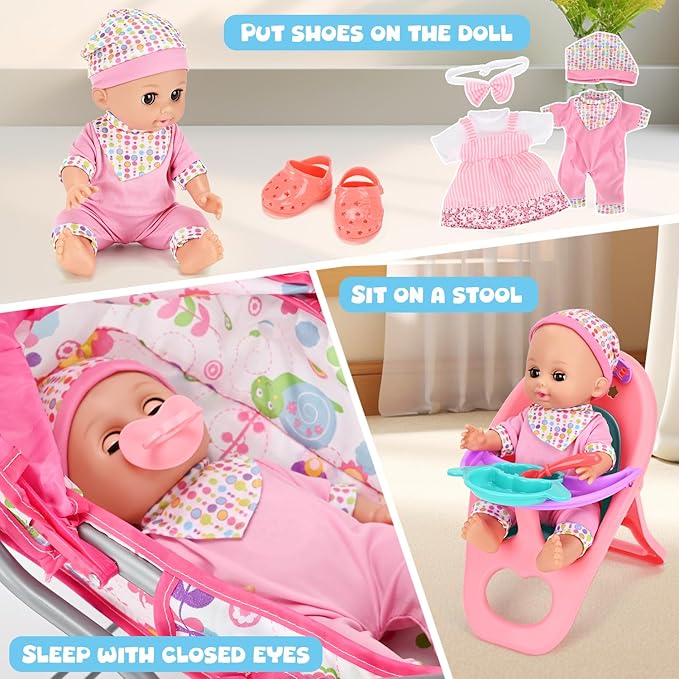 Baby Doll Stroller Toy Set with 12.5'' Doll and Accessories- 2 Doll Clothes, Diaper, Dining Chair, Pacifier, Storage Bag, Baby Doll Stroller Toys for Girls Toddlers 3-5 4-6 5-7 Gifts for Pretend Play