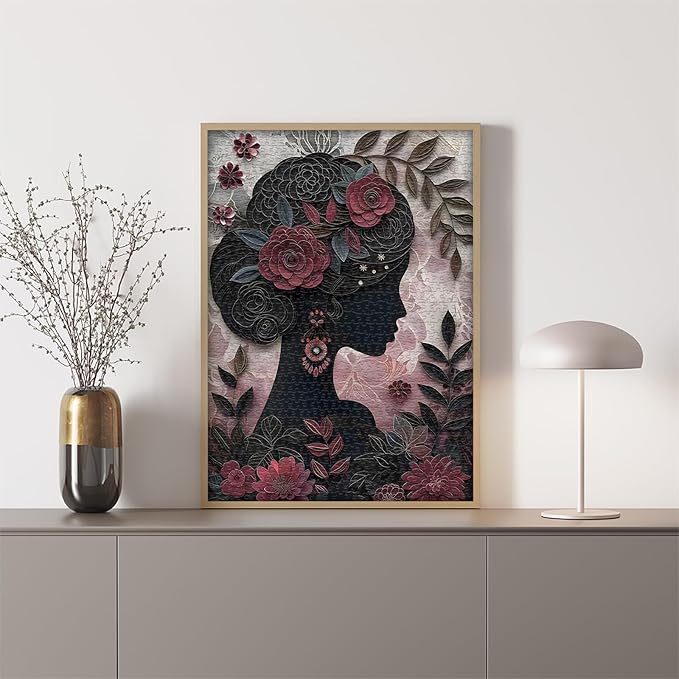 Impossible Puzzle for Adults 1000 Pieces, Black Girl Puzzles Flower Plant Aesthetic Art, Floral Elegant Black Woman Jigsaw Puzzle Paper Cut