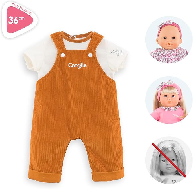 Corolle 14” Baby Doll Outfit - Loire Riverside Overalls and T-Shirt - Mon Grand Poupon Outfits and Accessories fit 14" Dolls, for Kids Ages 2 Years and up