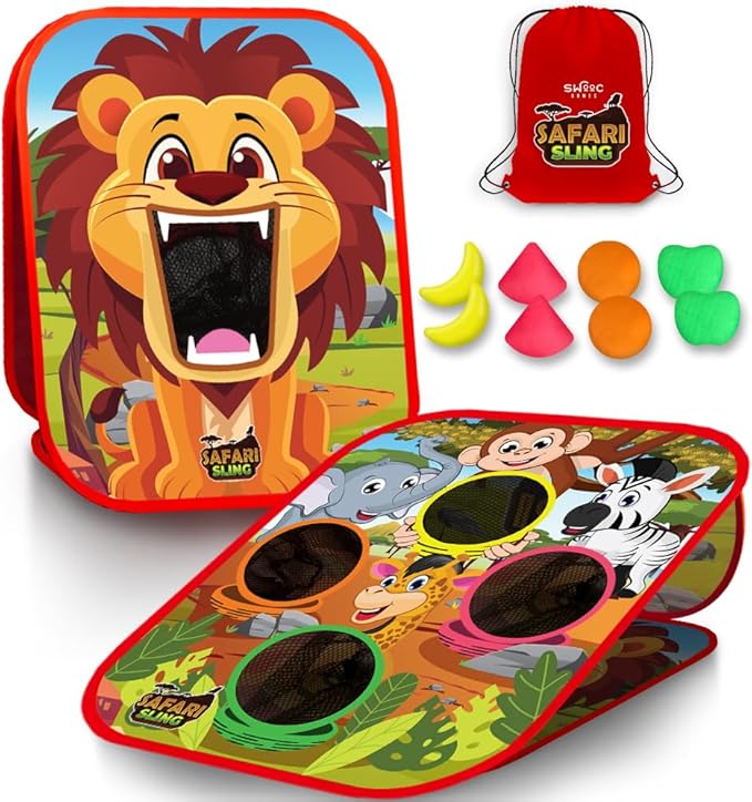 Swooc Games - Safari Sling™ | 2-in-1 Bean Bag Toss Game for Kids | 5-Second Setup Kids Cornhole Game Set | Outdoor Toddler Activities | Backyard Party Games | Corn Hole Set Toddler Bean Bag Toss