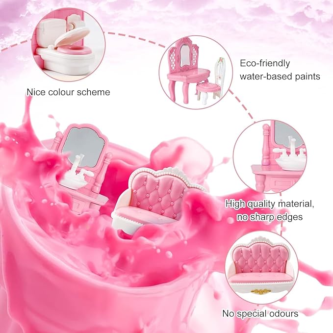 Princess Dollhouse Furniture Set, 48 Piece Luxury Miniature Accessories Collection with Living Room, Bathroom, Bedroom，Kitchen, TV Entertainment Set (Pink)