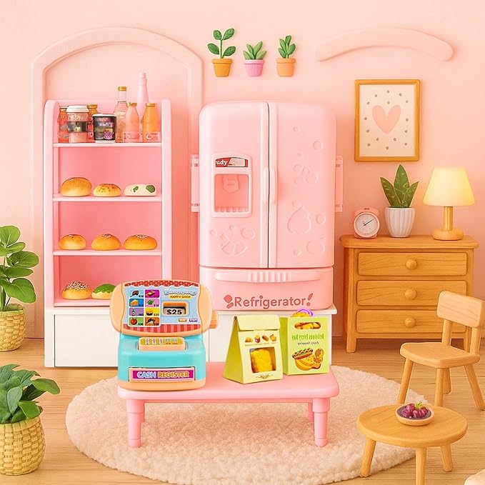 180 Pcs Dollhouse Furniture Miniature Kitchen Accessories Mini Shopping Cart Metal Trolley Basket Food Drink Toy Supermarket Store Grocery Shelves Cash Register Fridge Scale Pretend Play Game Party