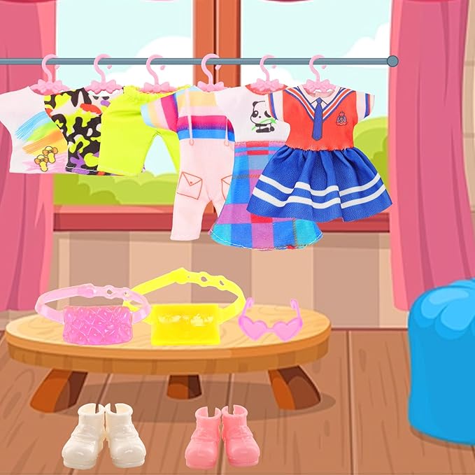 22 Pcs Mini 5 inch Doll Clothes and Accessories Including 4 Sets Fashion Dresses 4 Casual Tops and Pants Outifits 4 Swimsuits with 4 Shoes 2 Glasses 2 Shoulder Bag for 5-5.3 Inch Dolls