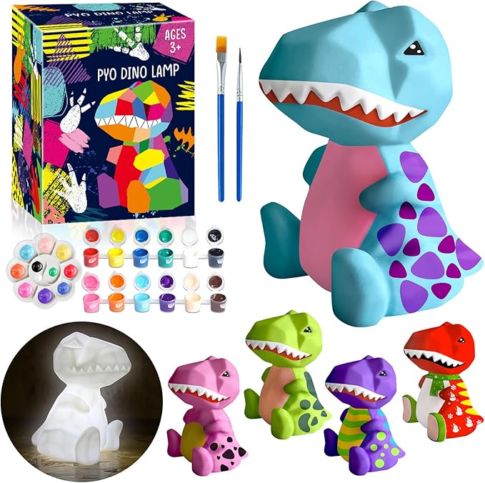 FUNZBO 4.3in Paint Your Own Dinosaur Lamp Kit - Easter Basket Stuffers, Arts and Crafts Supplies Painting for Kids Teens, DIY Night Light Dinosaur Toy for Boy Girl 3 4 5 6 7 8 9 10 11 12 Birthday Gift