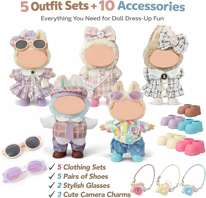 Ezcora 5-Pack Doll Clothes Set for 15–17cm Dolls, Includes 3 Dress Outfits and 2 Suit Outfits, Perfect for Play and Display, Doll Accessories for Collectors (No Dolls)