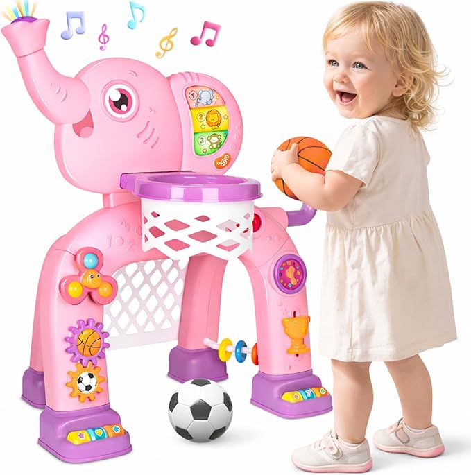 Toddler Basketball Hoop & Soccer Goal, Toys for 1 2 3 Year Old Boys Girls, Kids Sports Toy with Light Sound Music, Montessori Toys for Baby 12-18 Months, Christmas Birthday Gifts for Ages 1-3(Pink）