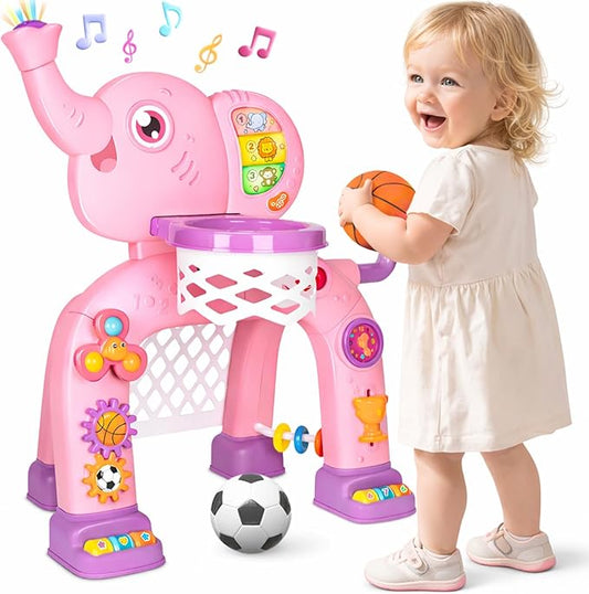 Toddler Basketball Hoop & Soccer Goal, Toys for 1 2 3 Year Old Boys Girls, Kids Sports Toy with Light Sound Music, Montessori Toys for Baby 12-18 Months, Christmas Birthday Gifts for Ages 1-3(Pink）