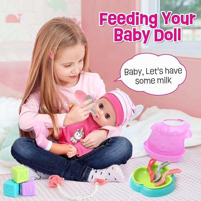 TUZT Baby Doll Accessories Playset, Baby Doll Care Toys with Changing Bag Backpack Feeding Set Doll Nappies Bottle Bath, Birthday Toys for Kids Girls (Doll Not Included)