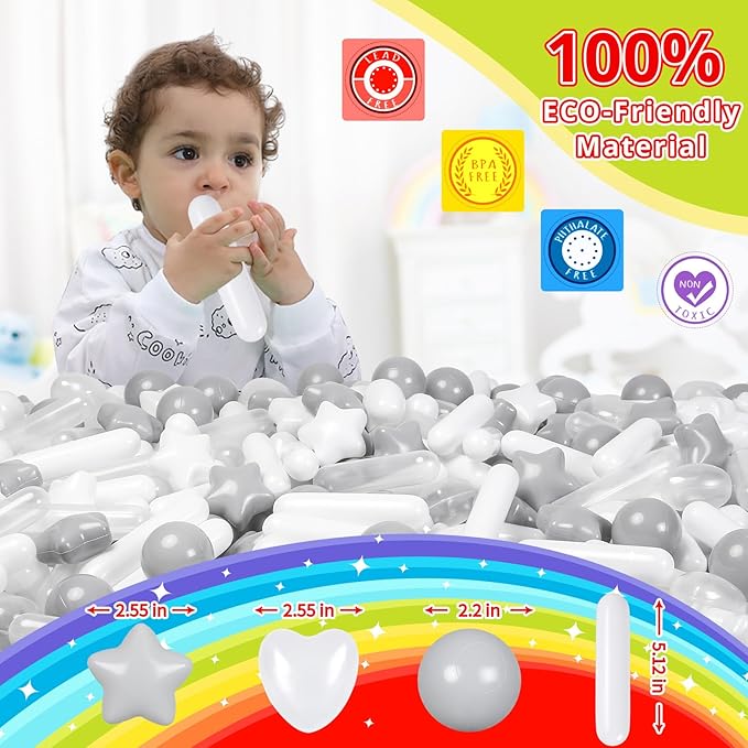 STARBOLO Ball Pit Balls for Baby and Toddler, 150 200 Pack White Mixed Shaped Balls Phthalate Free BPA Free Crush Proof Plastic Pit Balls Play Toys for Kids Ball Pit, Pool,Play Tent,Party