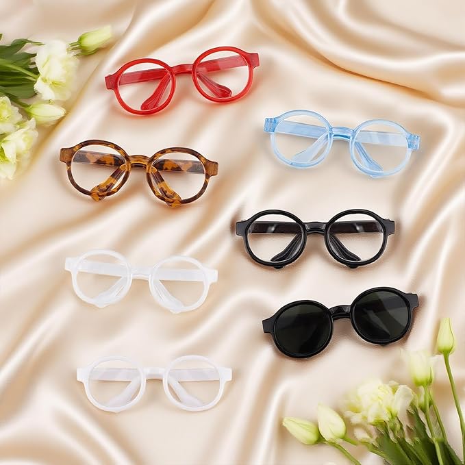 7pcs Doll Eye Glasses Set, Cute Plastic Doll Dress up Sunglasses Eyeglasses Mini Toy Costume Stuff Accessories for Figures Collectors Display & Decoration (7 Colors)