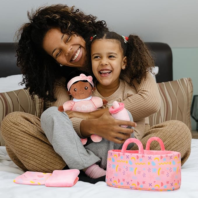 OUOZZZ 10" Black Baby Doll for 2 Year Old Girls Set with Soft Doll, Bassinet, Blanket and Bottle, Interactive Pretend Playset for Social Emotional Learning, Birthday Gift for 2 Year Olds Girls