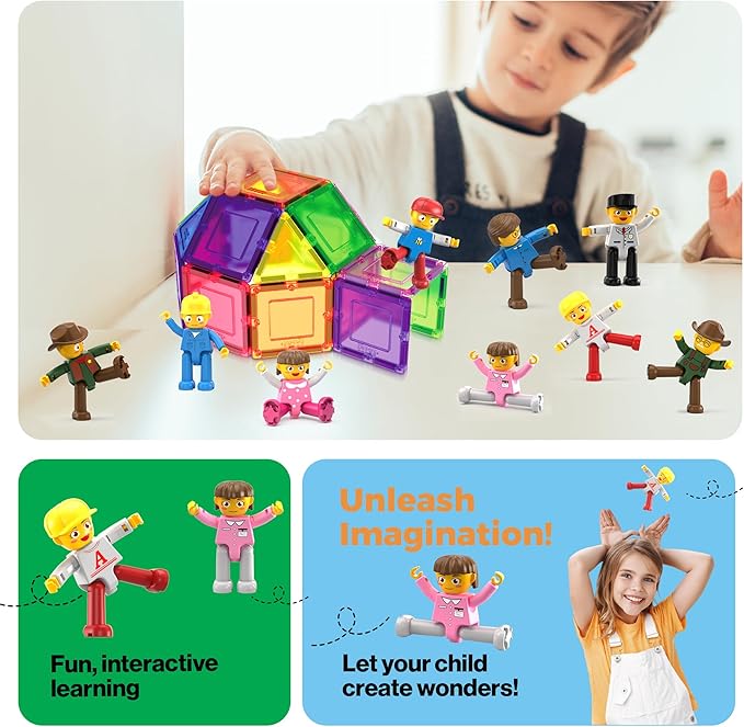 PicassoTiles 16pc Magnetic Character Figures Expansion Set Toddler Style People Compatible with Magnet Tile Building Set STEM Educational Construction Toy for Kids Pretend Play Creative Learning PTA08
