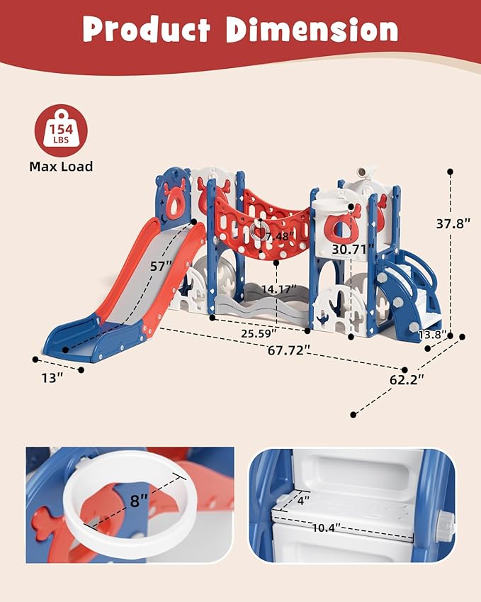 XJD Toddler Slide,11 in 1 Kids Slide for Toddlers 1-3, Toddler Climbing Toys,New Upgrade with Golf Set, Basketball Hoop for Indoor Outdoor Playset (Blue Red)