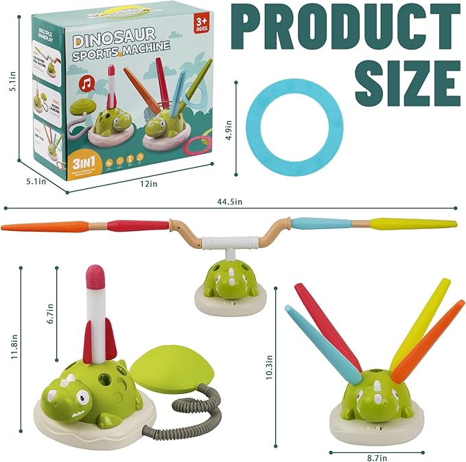 3-in-1 Dinosaur Rocket Launcher, Ring Toss & Musical Jumping Toy for Kids Aged 3-8 , Remote Control Outdoor & Indoor Toys for Boys and Girls , Birthday Gift for Boys & Girls Ages 4-8