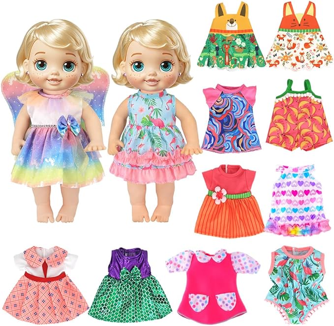 12 Set Alive Baby Doll Clothes and Accessories for 10-12 Inch Girl Dolls Outfits Include Cute Jumpsuit Dress, Gift for Kids 3+ Up
