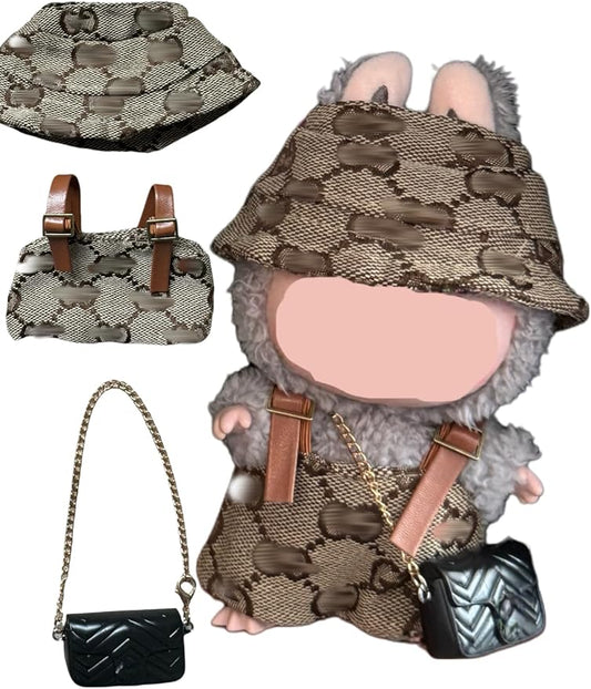 17cm Doll Clothes for lububu ，Clothes Suitable for lububu Dolls Outfits and Accessories Set，Including cl othes + hat + Bag - Brown Doll Clothing Set，Doll not Included (Coffee)