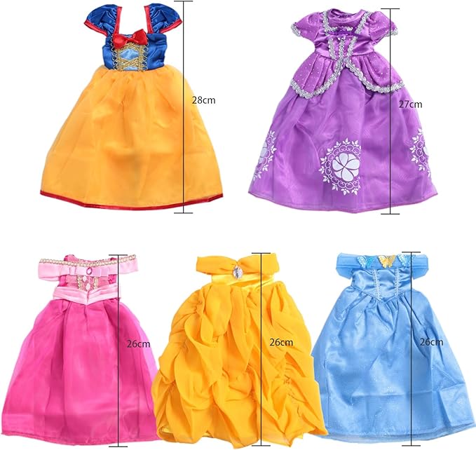 14-Inch Doll-Clothes Princess Dress - 5-Piece Fashion Outfit for 14" Dolls, Includes Snow White, Cinderella, Belle, Aurora, and Rapunzel Styles, Perfect for Playtime and Collecting