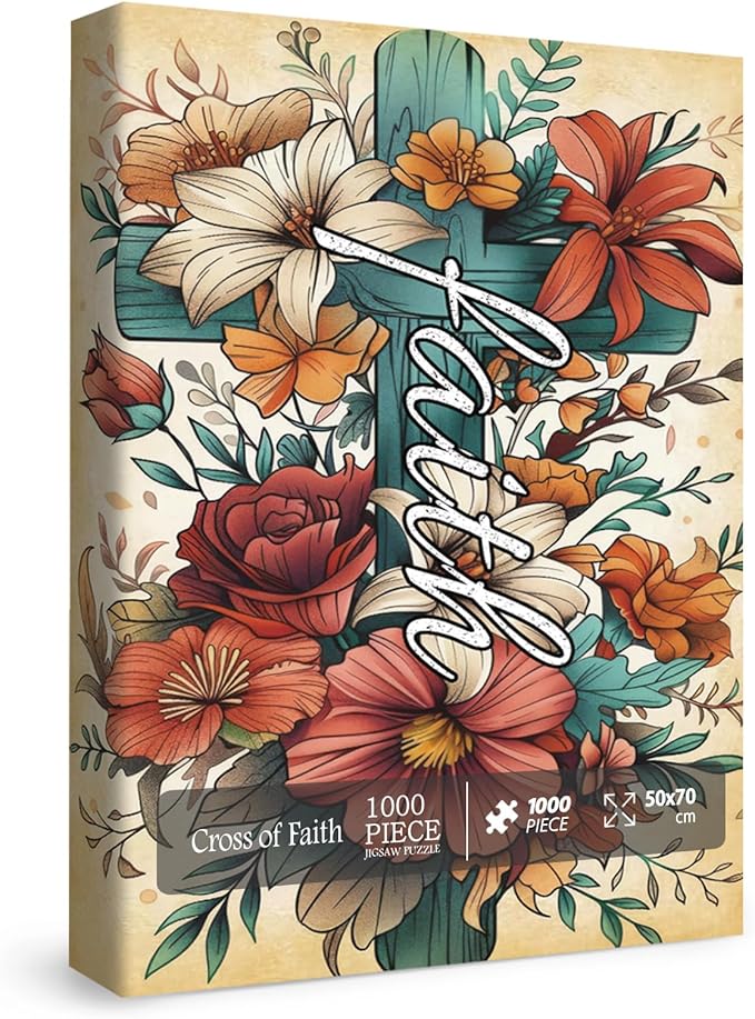 Vintage Flower Cross Puzzles for Adults 1000 Pieces, Christian Religious Floral Jigsaw Puzzles, Pretty Catholic Art Puzzles